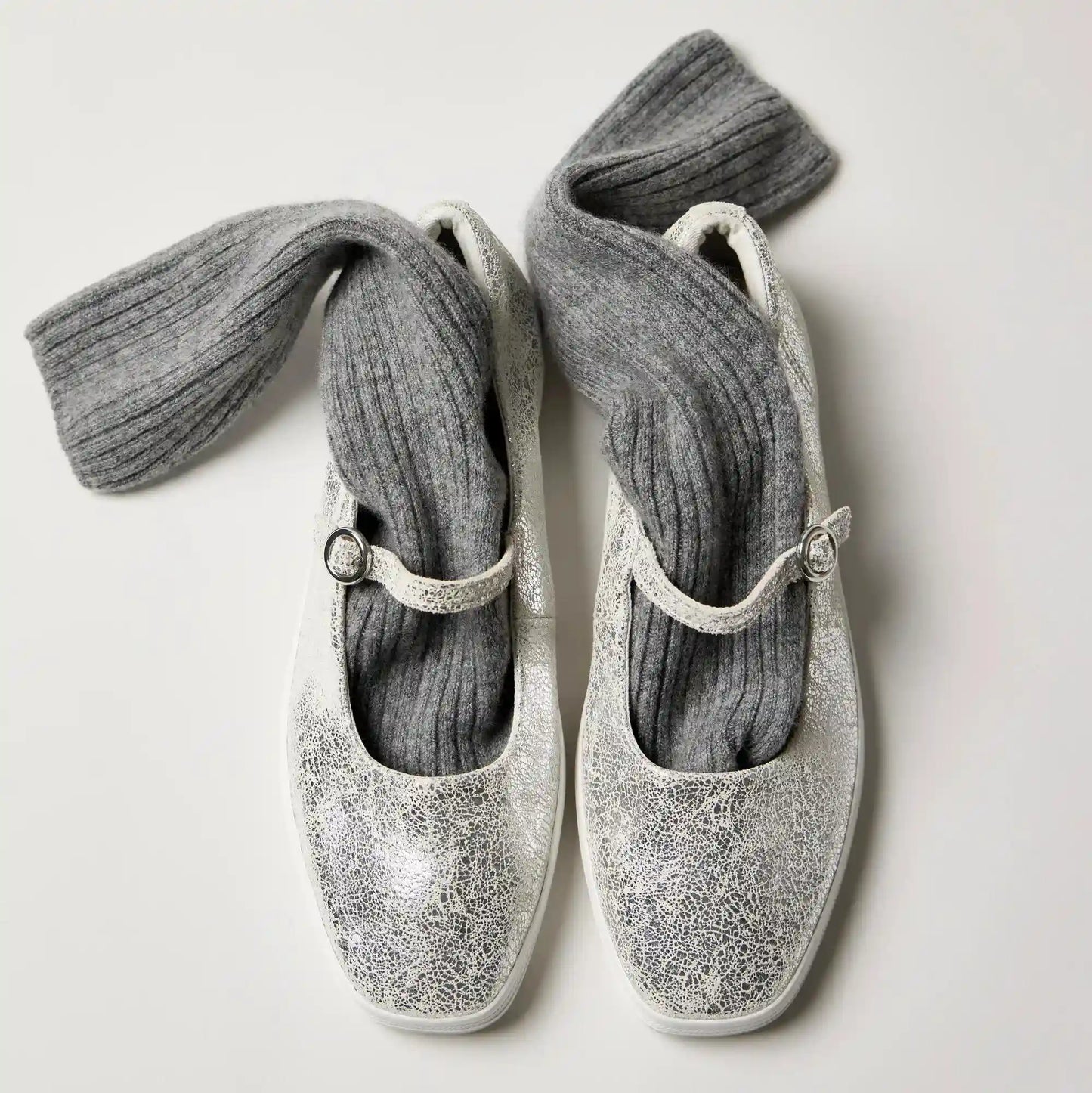 Square Toe Mary Jane Distressed Metallic Leather