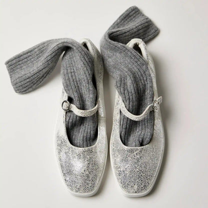 Square Toe Mary Jane Distressed Metallic Leather